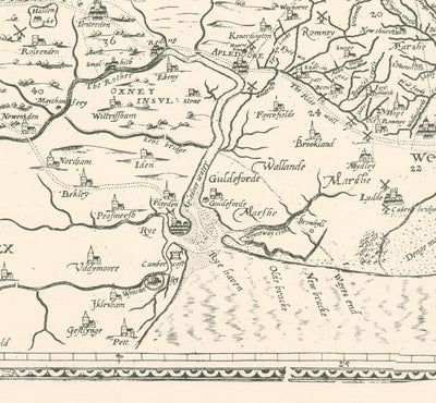Old map of Kent in 1596 by Philip Symonson - Dartford, Maidstone, Bromley, Tunbridge, Gillingham, Chatham