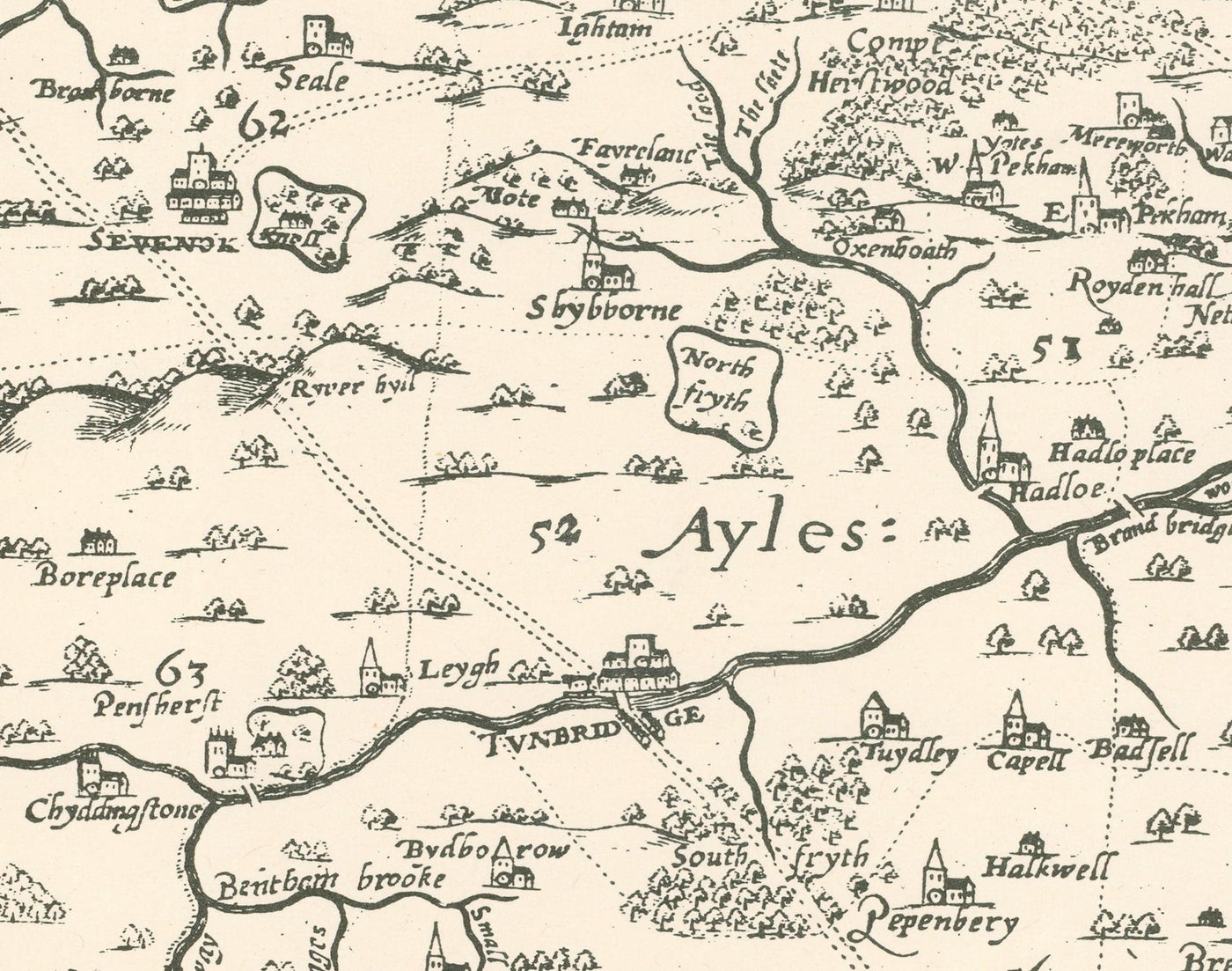 Old map of Kent in 1596 by Philip Symonson - Dartford, Maidstone, Bromley, Tunbridge, Gillingham, Chatham
