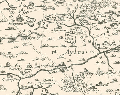Old map of Kent in 1596 by Philip Symonson - Dartford, Maidstone, Bromley, Tunbridge, Gillingham, Chatham