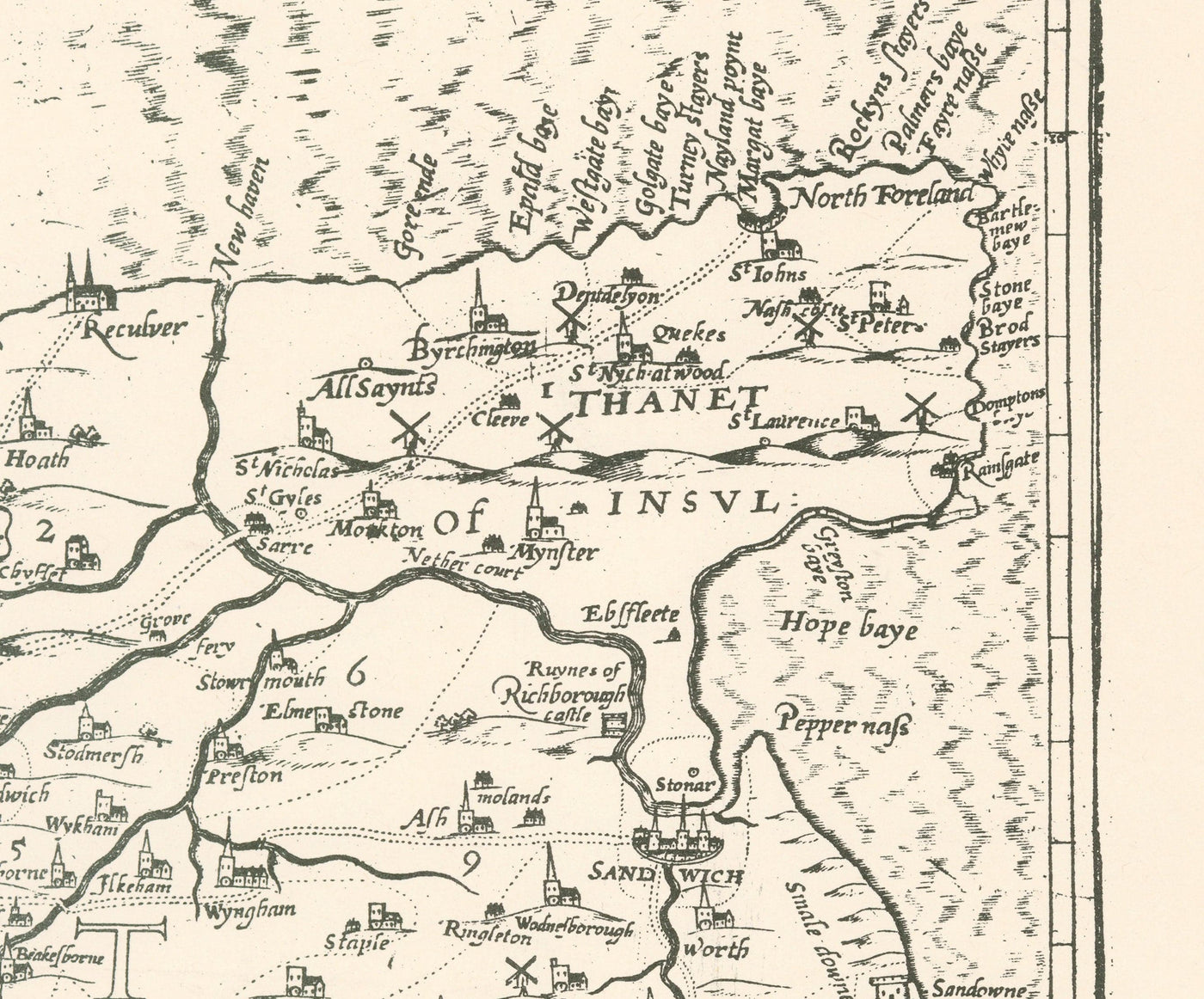 Old map of Kent in 1596 by Philip Symonson - Dartford, Maidstone, Bromley, Tunbridge, Gillingham, Chatham