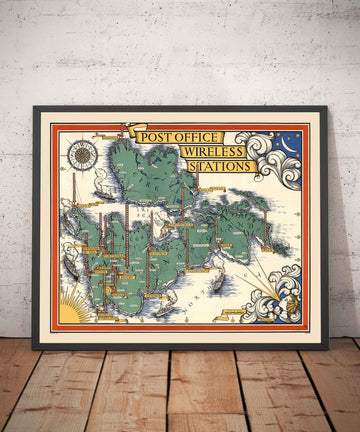 Vecchia mappa illustrata delle stazioni wireless del servizio postale di Macdonald Gill nel 1939 - Isole britanniche, GPO, Radio, Televisione, Telegramma 
