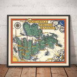 Old Pictorial Map of the Post Office Wireless Stations by Macdonald Gill in 1939 - British Isles, GPO, Radio, Television,  Telegram