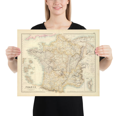 Old Map of France and its Foreign Possessions, 1872 by Archibald Fullarton - Algeria, French Guiana, Corsica, The Alps, Martinique