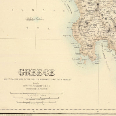 Ancienne carte de la Grèce en 1872 par Archibald Fullarton - Athènes, Le Pirée, Kalamata, Patras, Nauplie