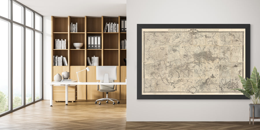 Ancienne carte de Londres et de 10 miles autour par John Rocque en 1746 - avec Hackney, Wimbledon, Highgate, Richmond et d&