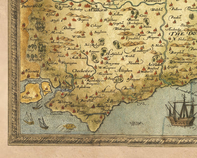 Old Map of Southeast England in 1575 by Saxton - Rare First Map of London, Kent, Sussex, Surrey, Middlesex