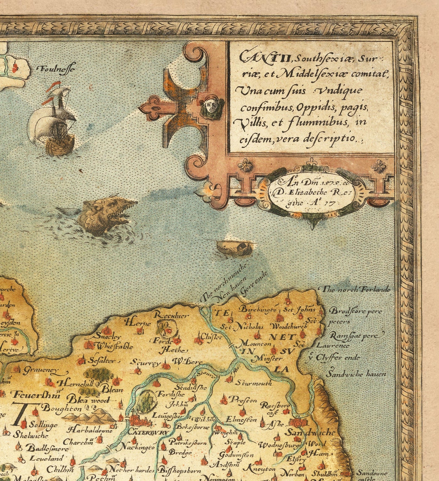 Old Map of Southeast England in 1575 by Saxton - Rare First Map of London, Kent, Sussex, Surrey, Middlesex