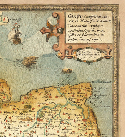 Old Map of Southeast England in 1575 by Saxton - Rare First Map of London, Kent, Sussex, Surrey, Middlesex