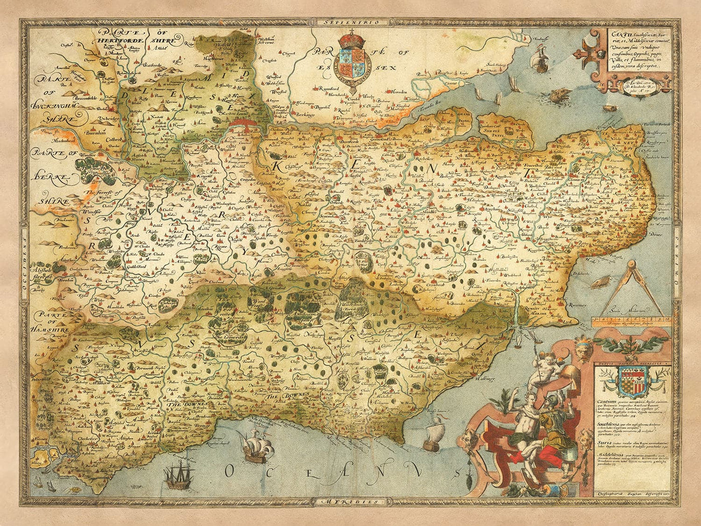 Old Map of Southeast England in 1575 by Saxton - Rare First Map of London, Kent, Sussex, Surrey, Middlesex