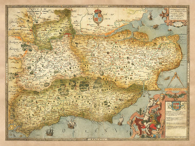 Old Map of Southeast England in 1575 by Saxton - Rare First Map of London, Kent, Sussex, Surrey, Middlesex