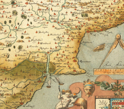 Old Map of Southeast England in 1575 by Saxton - Rare First Map of London, Kent, Sussex, Surrey, Middlesex