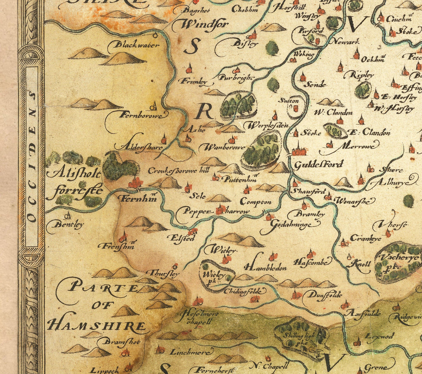 Old Map of Southeast England in 1575 by Saxton - Rare First Map of London, Kent, Sussex, Surrey, Middlesex