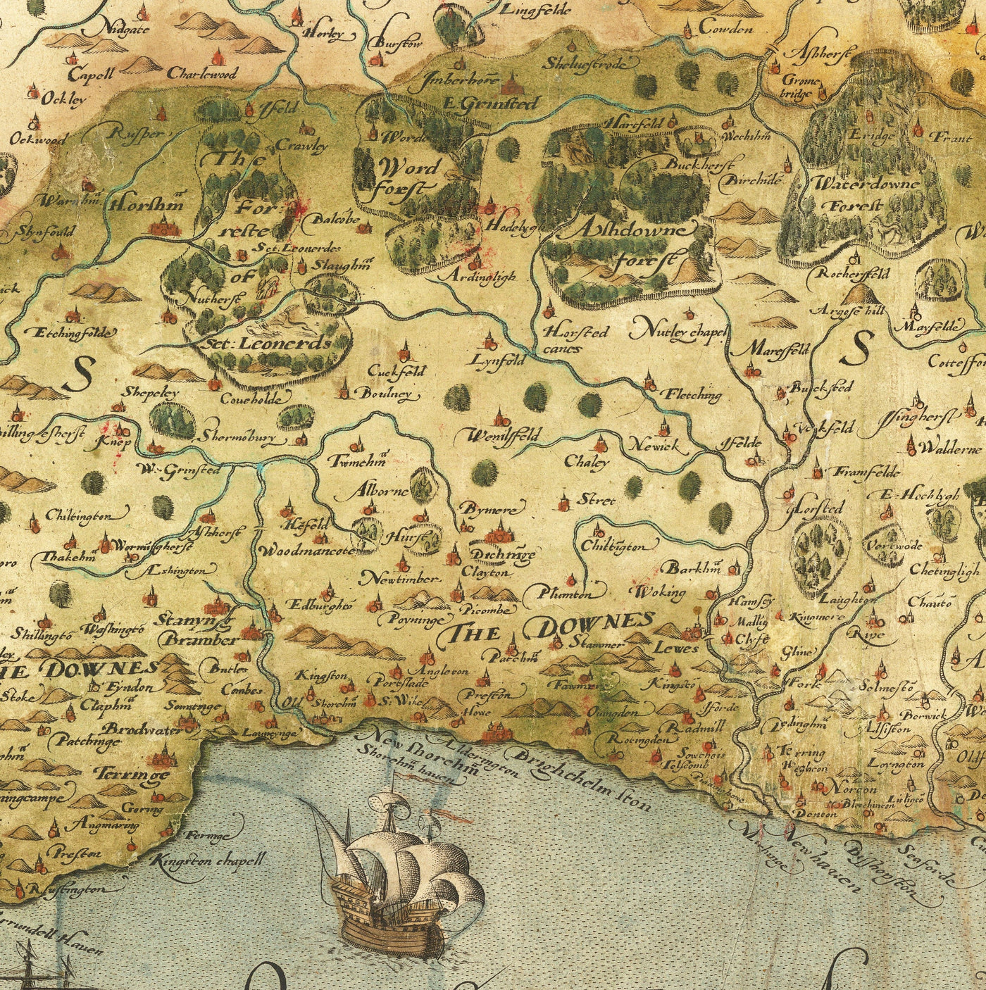 Old Map of Southeast England in 1575 by Saxton - Rare First Map of London, Kent, Sussex, Surrey, Middlesex