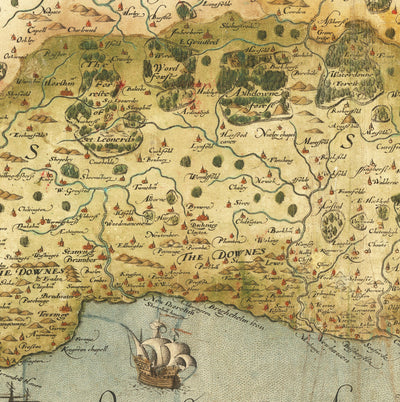 Old Map of Southeast England in 1575 by Saxton - Rare First Map of London, Kent, Sussex, Surrey, Middlesex