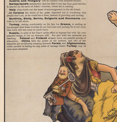 Alte satirische Karte von Europa, 1900 von Fredrick Rose - John Bull Propaganda Serio-Comic, Oktopus Nikolai II Russisches Reich 