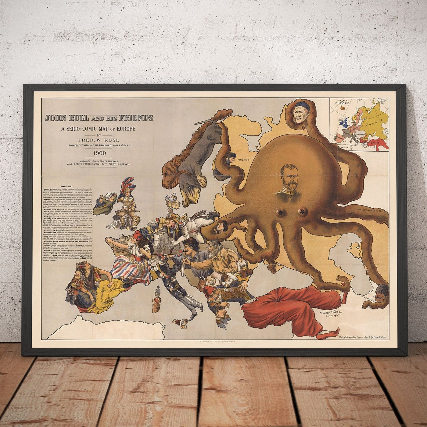 Alte satirische Karte von Europa, 1900 von Fredrick Rose - John Bull Propaganda Serio-Comic, Oktopus Nikolai II Russisches Reich 