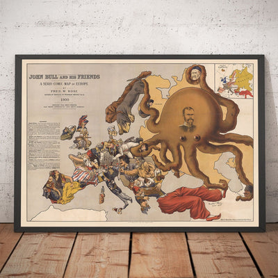 Alte satirische Karte von Europa, 1900 von Fredrick Rose - John Bull Propaganda Serio-Comic, Oktopus Nikolai II Russisches Reich 