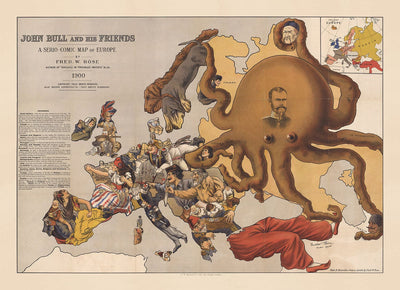 Alte satirische Karte von Europa, 1900 von Fredrick Rose - John Bull Propaganda Serio-Comic, Oktopus Nikolai II Russisches Reich 