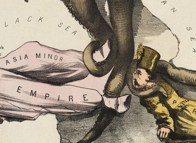 Ancienne carte satirique de l'Europe, 1877 par Fredrick Rose - Propagande sérieux-comique du 19ème siècle, Octopus des empires russe et ottoman 