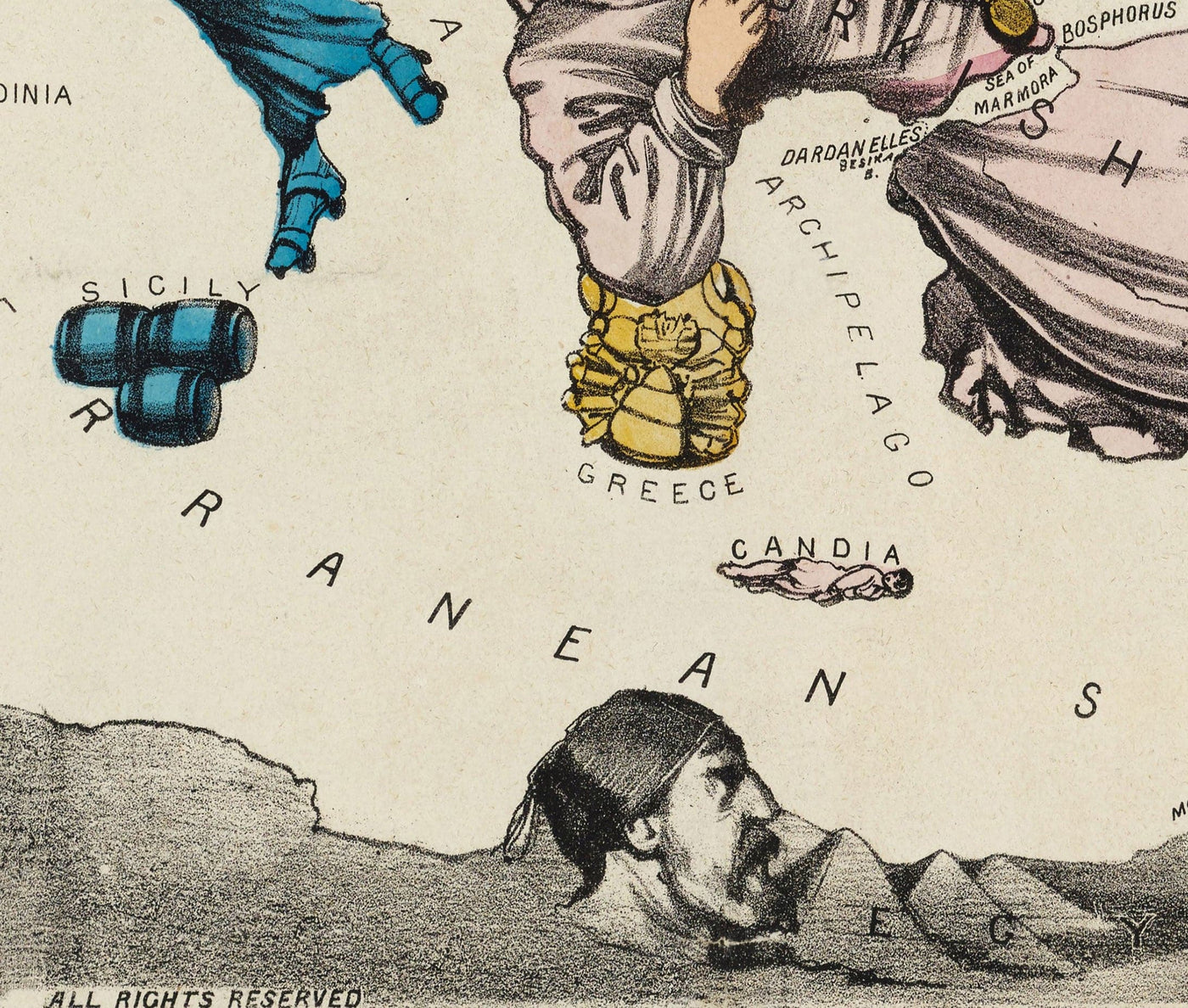 Ancienne carte satirique de l'Europe, 1877 par Fredrick Rose - Propagande sérieux-comique du 19ème siècle, Octopus des empires russe et ottoman 
