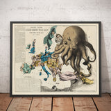 Old Satirical Map of Europe, 1877 by Fredrick Rose - 19th Century Propaganda Serio-Comic, Octopus Russian vs. Ottoman Empires