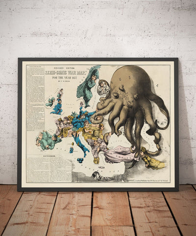 Ancienne carte satirique de l'Europe, 1877 par Fredrick Rose - Propagande sérieux-comique du 19ème siècle, Octopus des empires russe et ottoman 