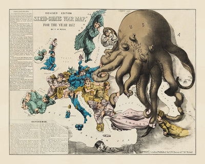 Ancienne carte satirique de l'Europe, 1877 par Fredrick Rose - Propagande sérieux-comique du 19ème siècle, Octopus des empires russe et ottoman 