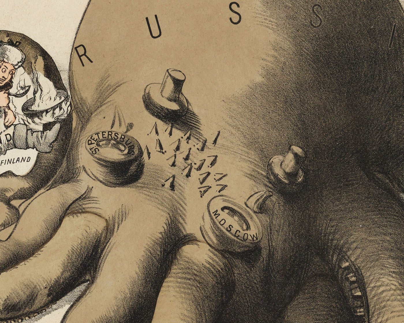 Ancienne carte satirique de l'Europe, 1877 par Fredrick Rose - Propagande sérieux-comique du 19ème siècle, Octopus des empires russe et ottoman 