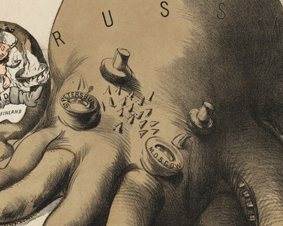 Ancienne carte satirique de l'Europe, 1877 par Fredrick Rose - Propagande sérieux-comique du 19ème siècle, Octopus des empires russe et ottoman 