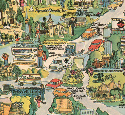 Old Map of Silicon Valley, 1982 - Pictorial Chart of Mountainview, Sunnyvale, Cupertino, San Jose, Fremont
