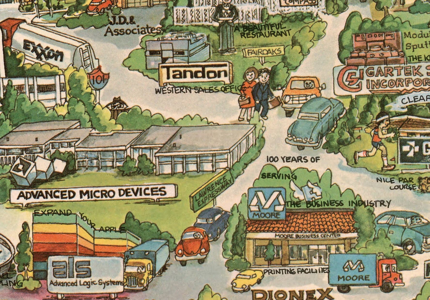 Old Map of Silicon Valley, 1982 - Pictorial Chart of Mountainview, Sunnyvale, Cupertino, San Jose, Fremont