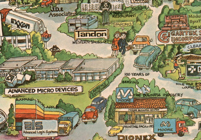 Old Map of Silicon Valley, 1982 - Pictorial Chart of Mountainview, Sunnyvale, Cupertino, San Jose, Fremont