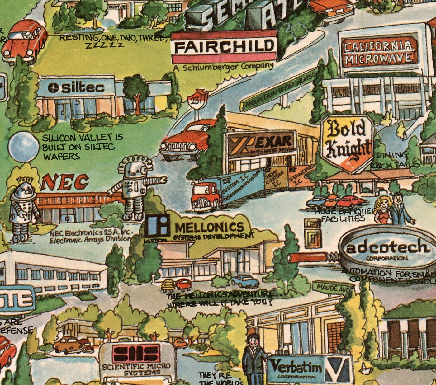 Old Map of Silicon Valley, 1982 - Pictorial Chart of Mountainview, Sunnyvale, Cupertino, San Jose, Fremont