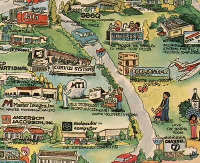 Old Map of Silicon Valley, 1982 - Pictorial Chart of Mountainview, Sunnyvale, Cupertino, San Jose, Fremont