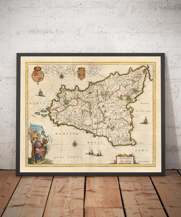Antica mappa della Sicilia nel 1640 di Willem Blaeu - Palermo, Catania, Marsala, Mediterraneo, Messina 