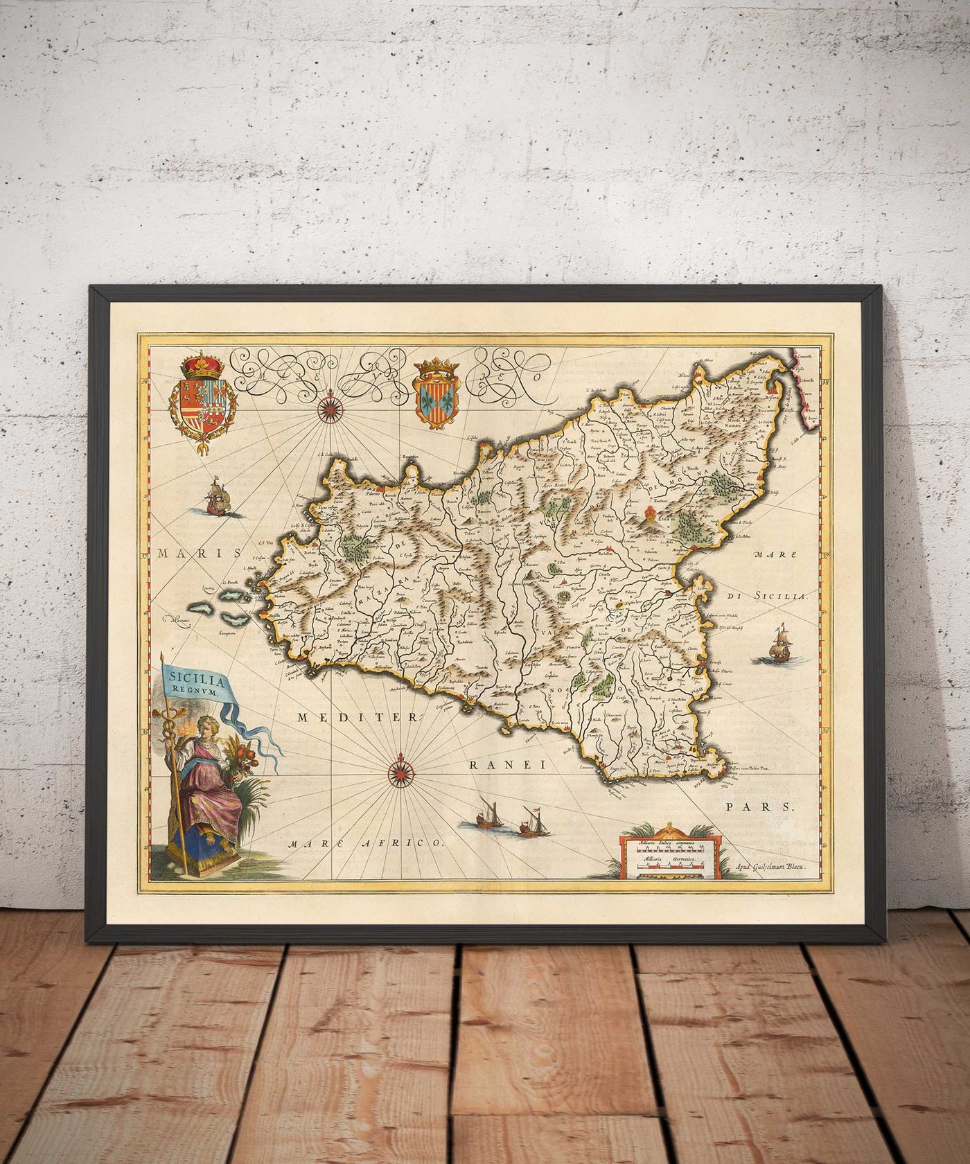 Mapa antiguo de Sicilia en 1640 por Willem Blaeu - Palermo, Catania, Marsala, Mediterráneo, Messina