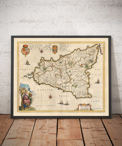 Mapa antiguo de Sicilia en 1640 por Willem Blaeu - Palermo, Catania, Marsala, Mediterráneo, Messina