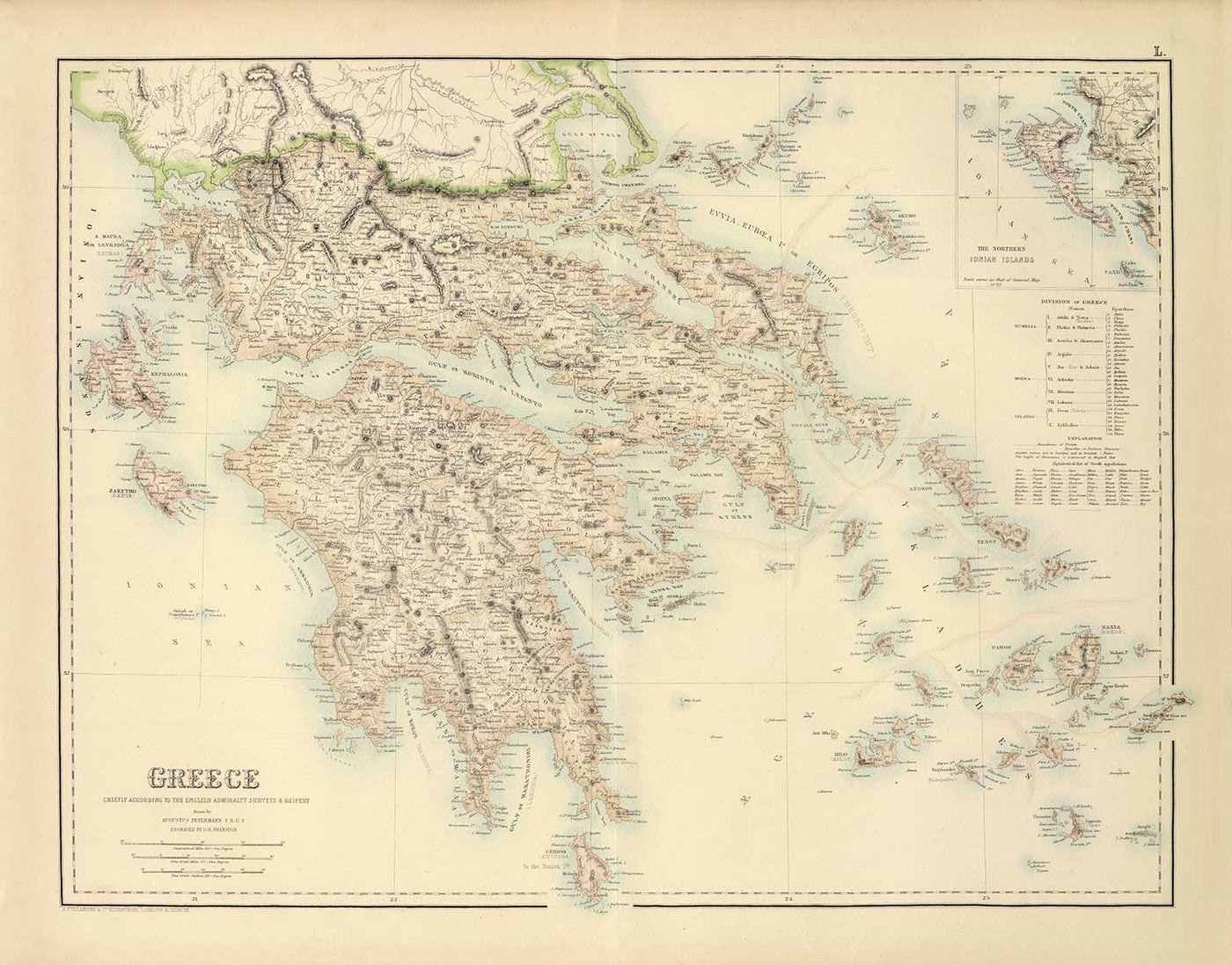 Ancienne carte de la Grèce en 1872 par Archibald Fullarton - Athènes, Le Pirée, Kalamata, Patras, Nauplie