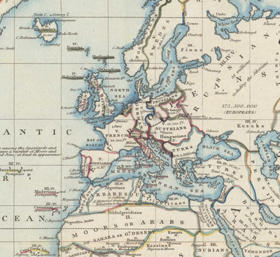 Antiguo mapa del mundo, 1818 por James Wyld - Gráfico que muestra la religión, la población y la civilización de cada país