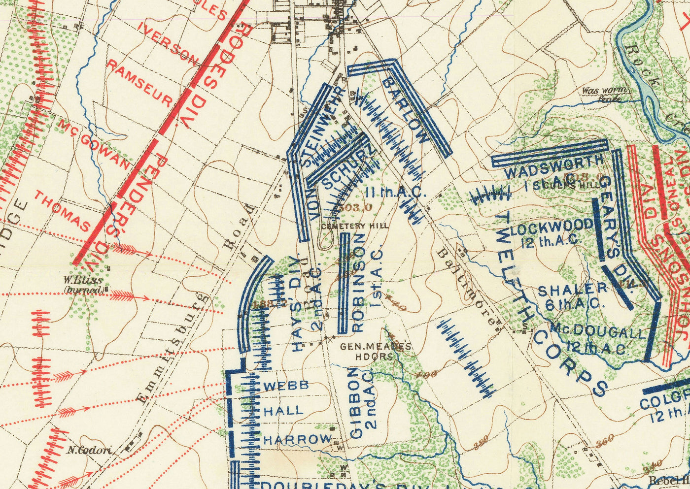 Old Map of the Battle of Gettysburg in 1900 by Julius Bien - North vs. South, Confederacy vs. Union Civil War Chart