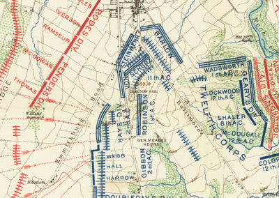 Old Map of the Battle of Gettysburg in 1900 by Julius Bien - North vs. South, Confederacy vs. Union Civil War Chart