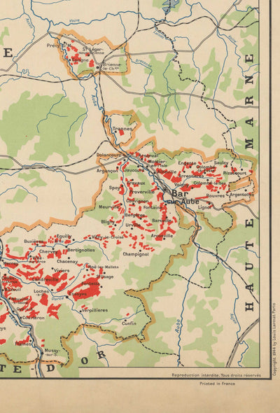 Old Champagne Vineyard Map, France, 1944 by Louis Larmat - Reims, Epernay, Troyes, Chatau-Thierry, Bar-Sur-Seine