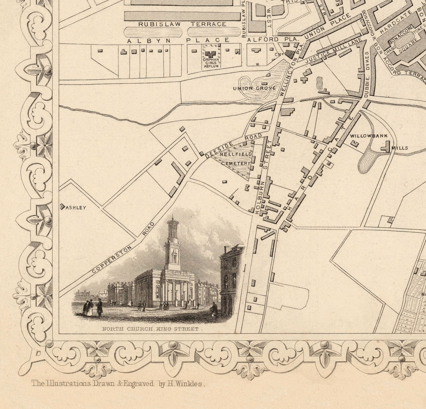 Old Map of Aberdeen, Scotland in 1851 by Tallis & Rapkin