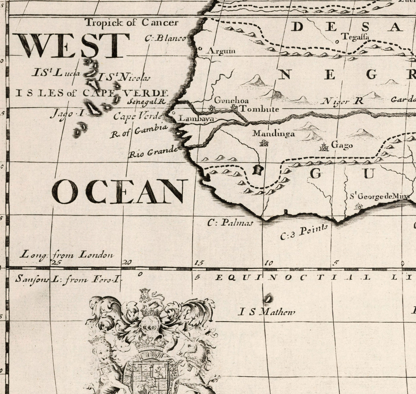 Antiguo mapa de África en 1700 por Edward Wells - Egipto, Islas Canarias, Negrolandia, Sahara, Madagascar, Guinea, Congo