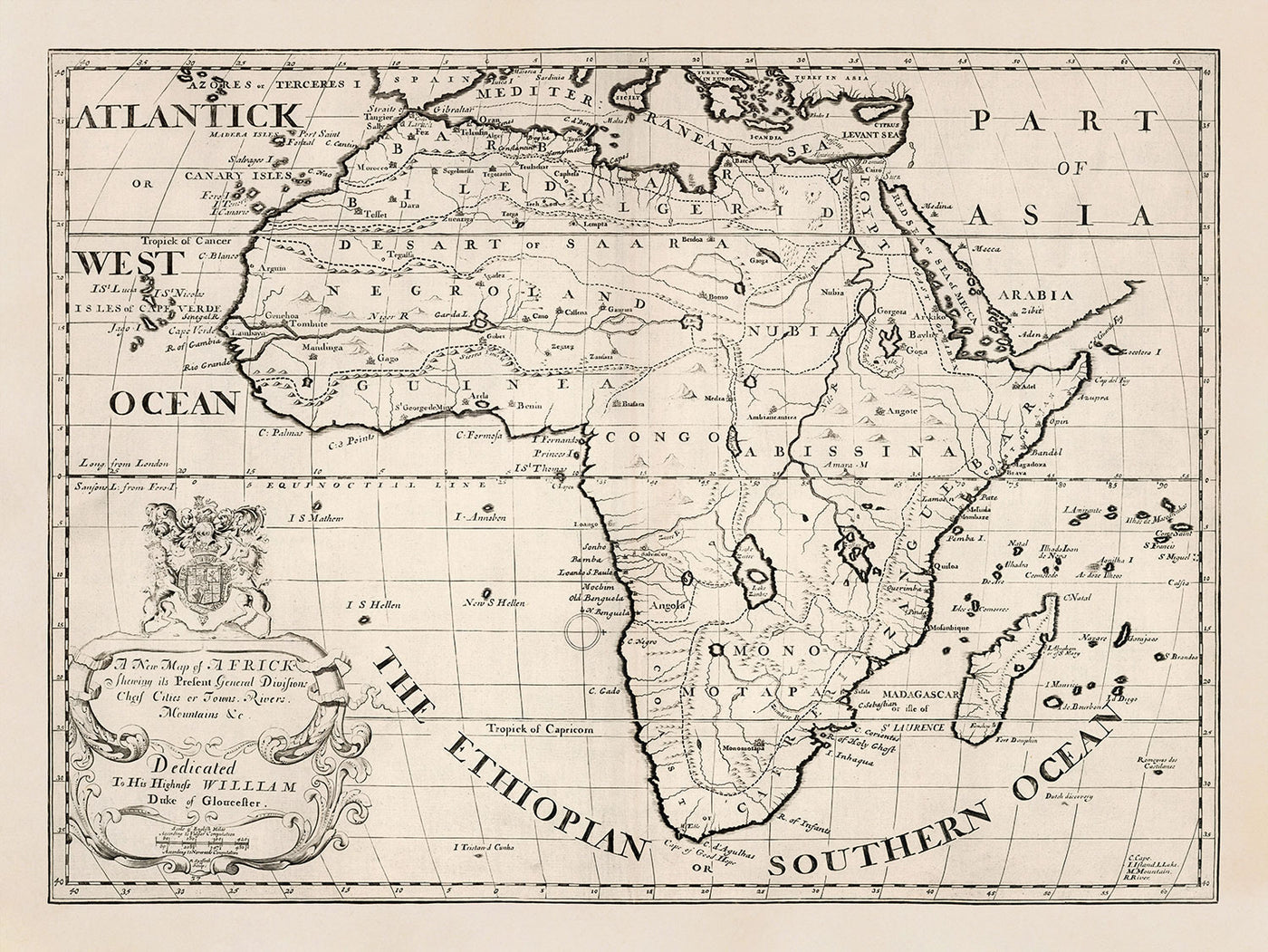 Antiguo mapa de África en 1700 por Edward Wells - Egipto, Islas Canarias, Negrolandia, Sahara, Madagascar, Guinea, Congo