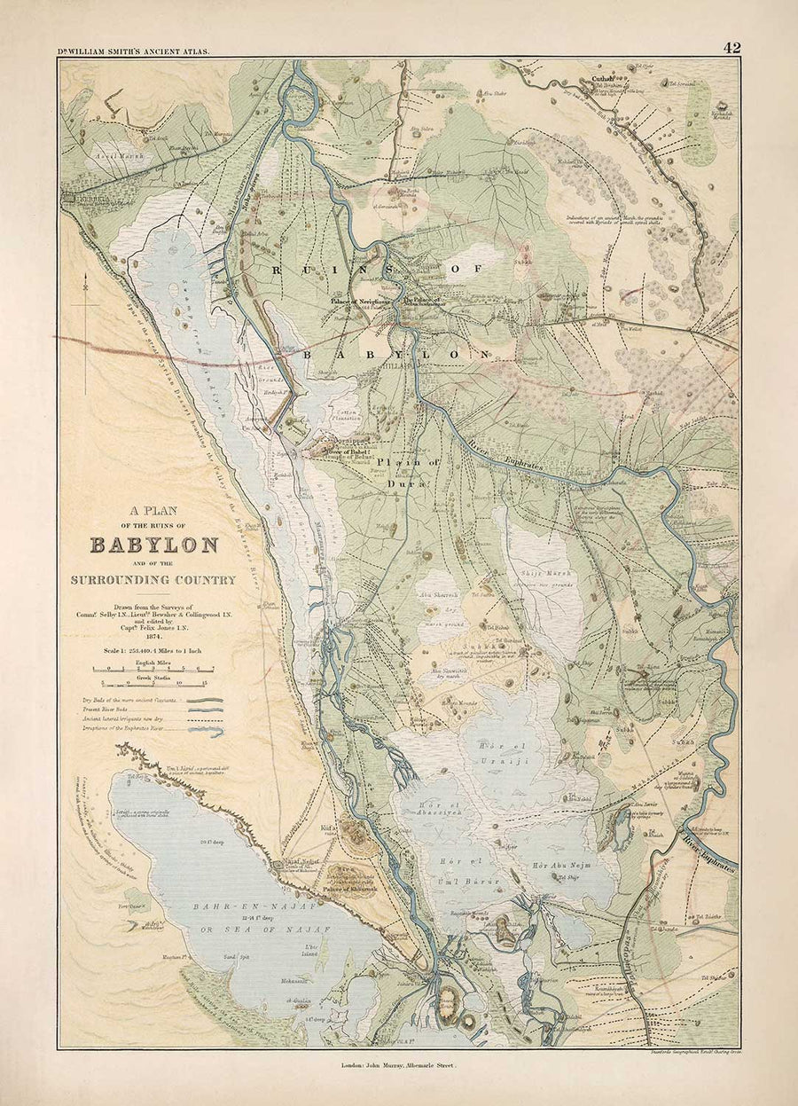 Mappa antica della città di Babilonia nel 1874 di William Smith - Iraq, Impero Babilonese, Fiume Eufrate, Hillah 
