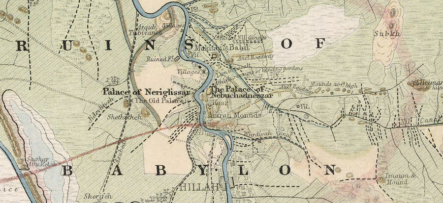 Mappa antica della città di Babilonia nel 1874 di William Smith - Iraq, Impero Babilonese, Fiume Eufrate, Hillah 