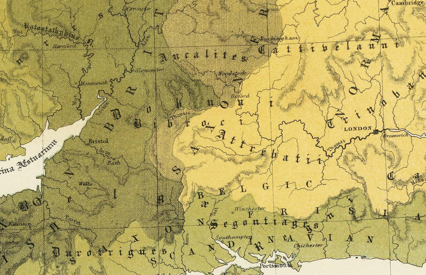 Alte Karte von Altbritannien, 1856 - Wales, Erse, Gälisches Irland, Pikten, keltische Eisenzeit-Stämme, Silures 