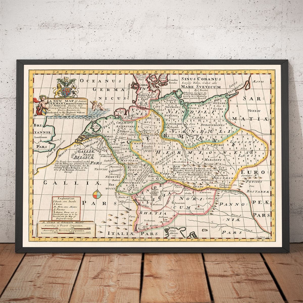 Mapa antiguo de la antigua Alemania, 1712 - Germania, Tribus Germánicas, Noricum, Raetia, Austria, Suiza, Polonia, Dinamarca