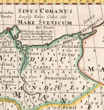 Mapa antiguo de la antigua Alemania, 1712 - Germania, Tribus Germánicas, Noricum, Raetia, Austria, Suiza, Polonia, Dinamarca